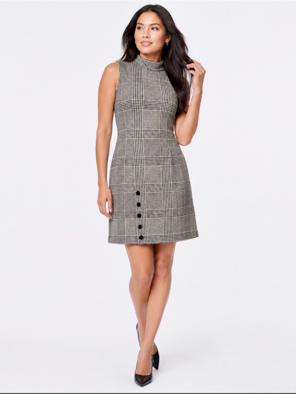 Sharagano Plaid Mock Neck Sheath Dress 10P Black White Houndstooth Retro Career